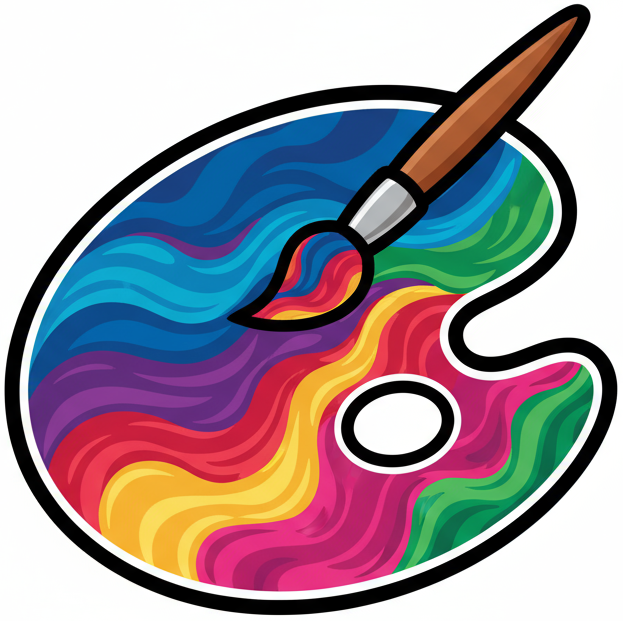 paint palette and brush icon with swirly colors and a thick black outline